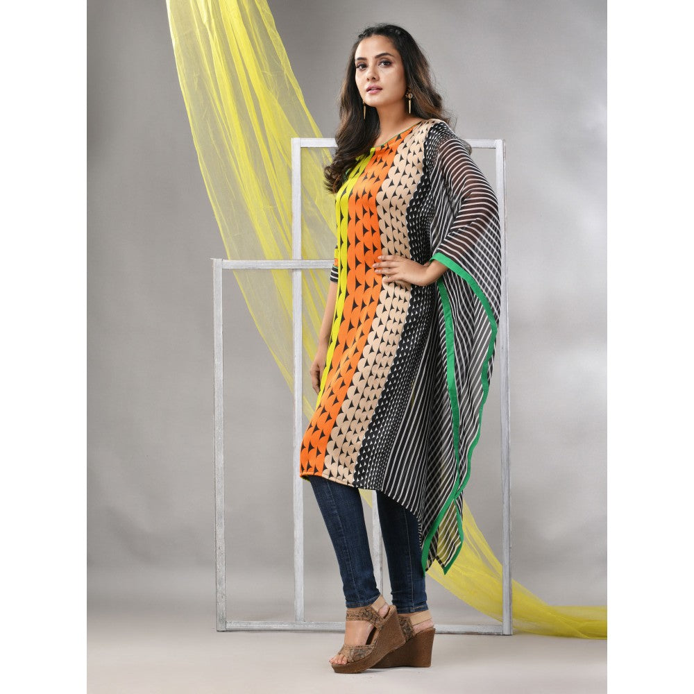 CHARUKRITI Green and Black Printed Satin Asymmetrical Straight Kurta