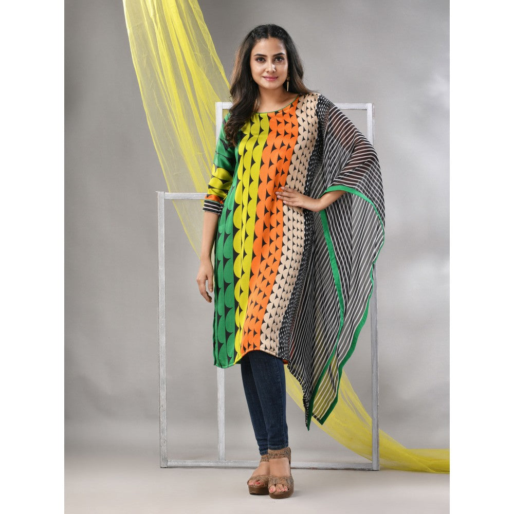 CHARUKRITI Green and Black Printed Satin Asymmetrical Straight Kurta