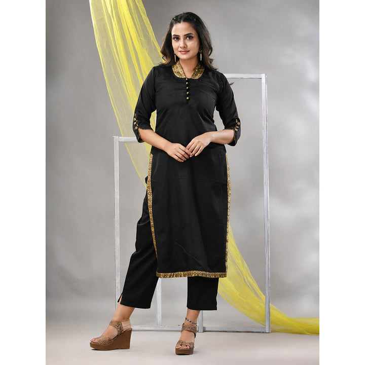 CHARUKRITI Black Satin Solid Straight Kurta with Pant (Set of 2)