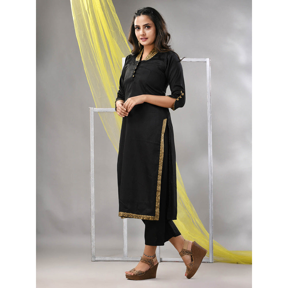 CHARUKRITI Black Satin Solid Straight Kurta with Pant (Set of 2)