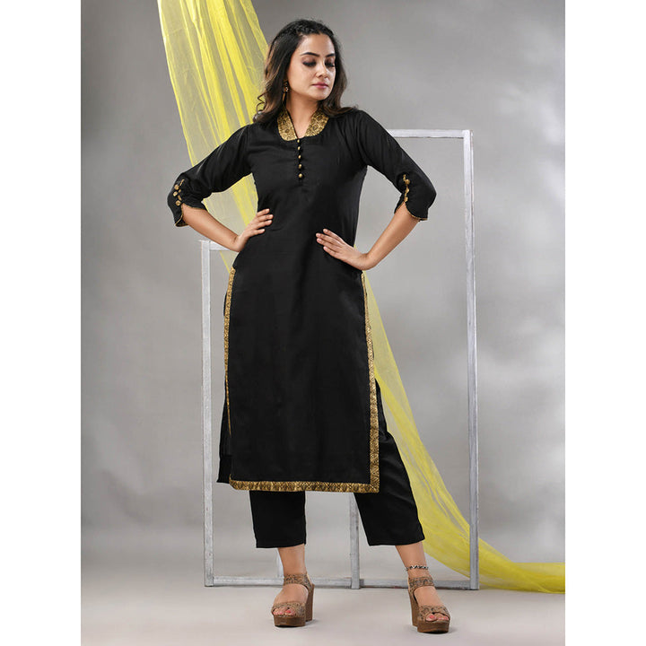 CHARUKRITI Black Satin Solid Straight Kurta with Pant (Set of 2)