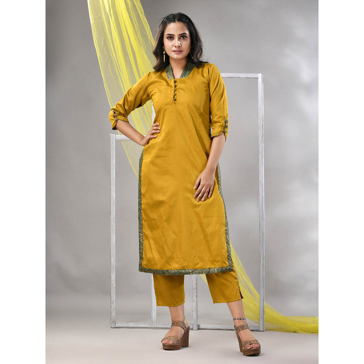 CHARUKRITI Mustard Satin Solid Straight Kurta with Pant (Set of 2)