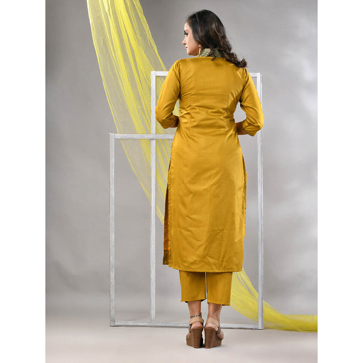 CHARUKRITI Mustard Satin Solid Straight Kurta with Pant (Set of 2)