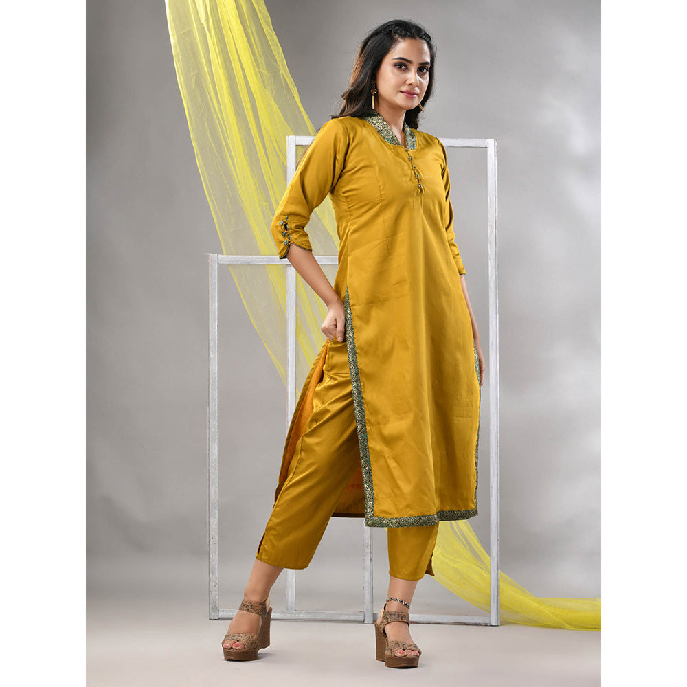 CHARUKRITI Mustard Satin Solid Straight Kurta with Pant (Set of 2)