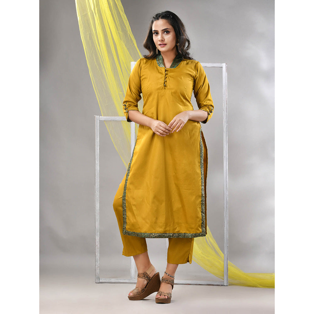 CHARUKRITI Mustard Satin Solid Straight Kurta with Pant (Set of 2)