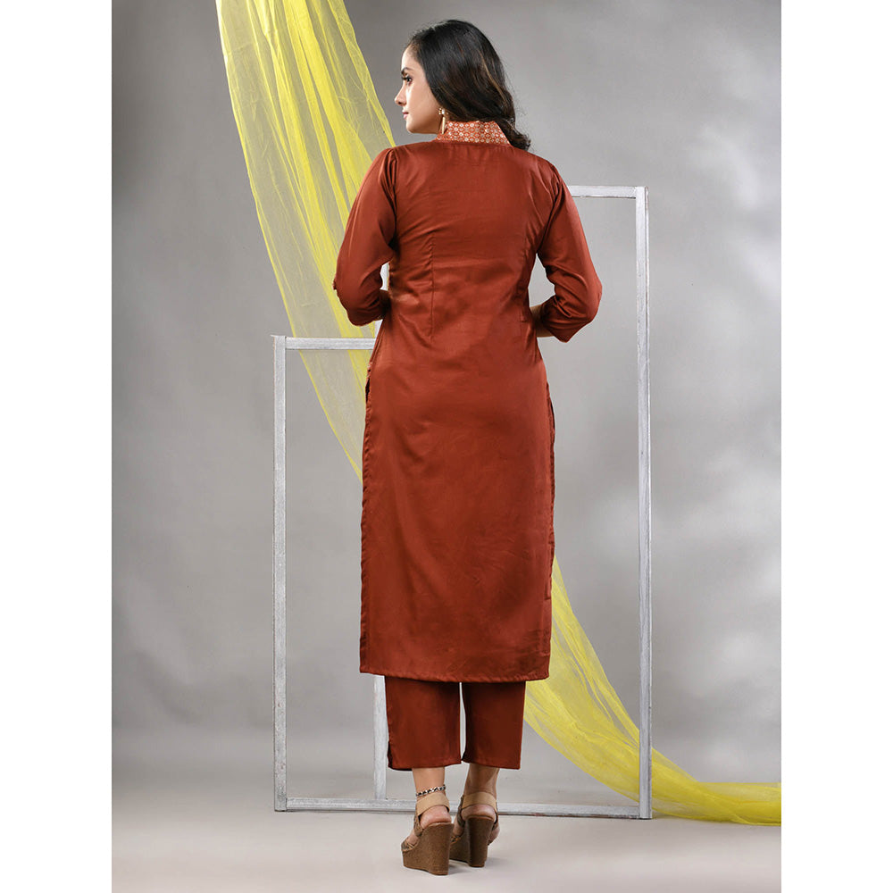 CHARUKRITI Brown Satin Solid Straight Kurta with Pant (Set of 2)