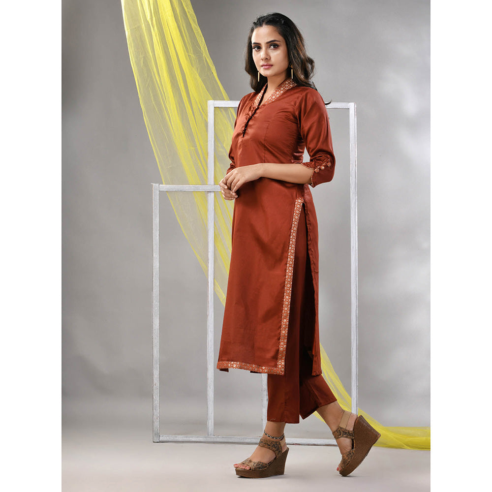 CHARUKRITI Brown Satin Solid Straight Kurta with Pant (Set of 2)