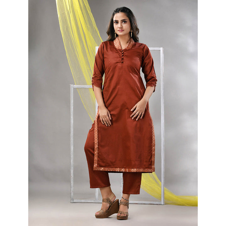 CHARUKRITI Brown Satin Solid Straight Kurta with Pant (Set of 2)