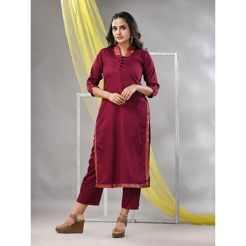 CHARUKRITI Purple Satin Solid Straight Kurta with Pant (Set of 2)