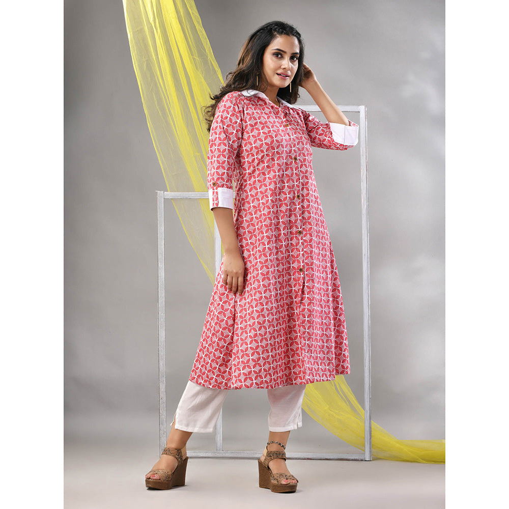 CHARUKRITI Red Cotton Printed A-Line Kurta with Pant (Set of 2)