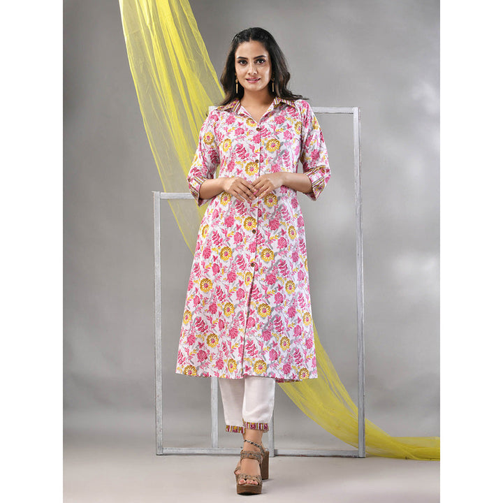 CHARUKRITI White Cotton Printed A-Line Kurta with Pant (Set of 2)