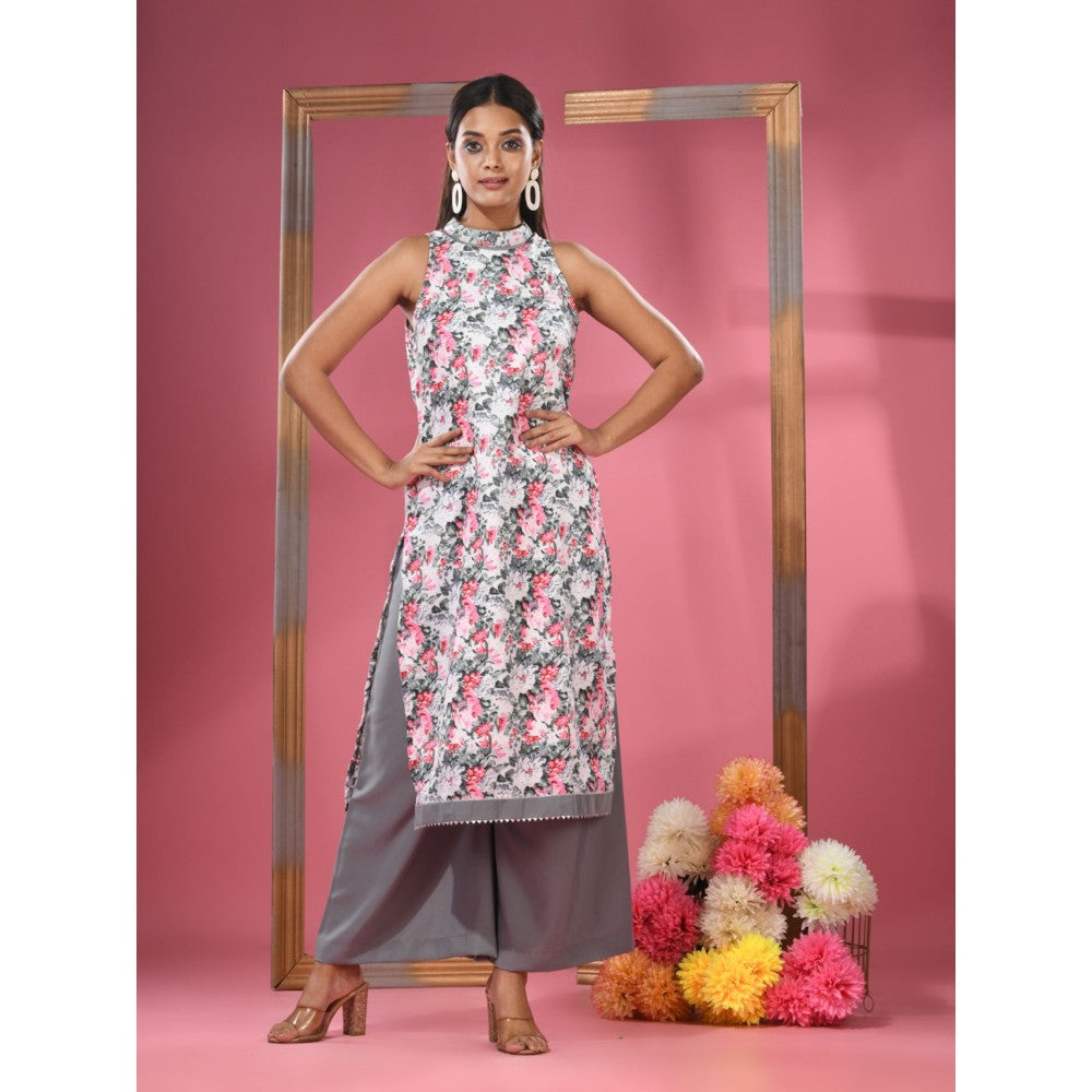 CHARUKRITI White Georgette Floral Printed Kurta