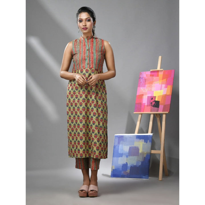 CHARUKRITI Green Ethnic Print and Stripes Cotton Kurta