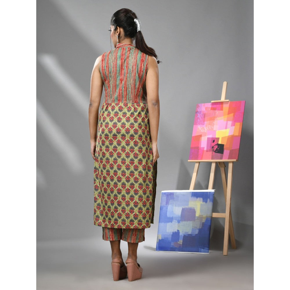 CHARUKRITI Green Ethnic Print and Stripes Cotton Kurta