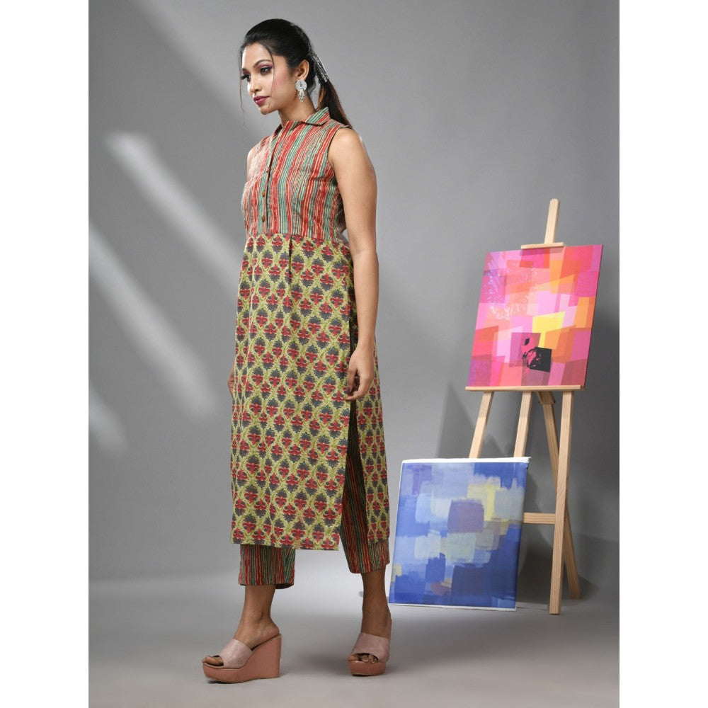 CHARUKRITI Green Ethnic Print and Stripes Cotton Kurta