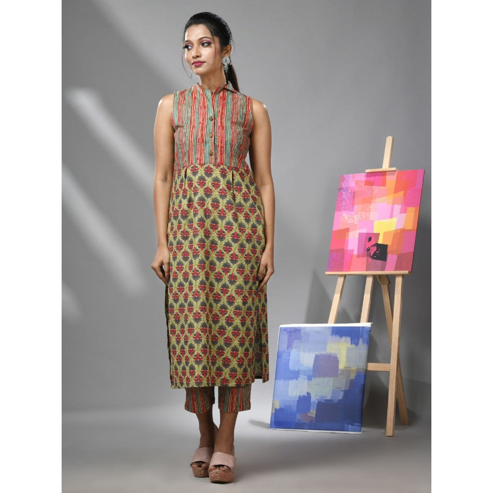 CHARUKRITI Green Ethnic Print and Stripes Cotton Kurta