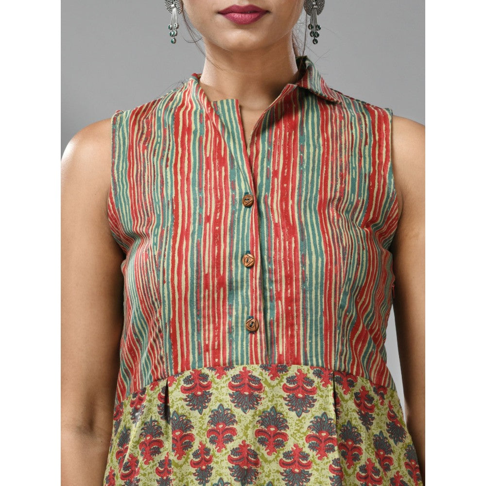 CHARUKRITI Green Ethnic Print and Stripes Cotton Kurta