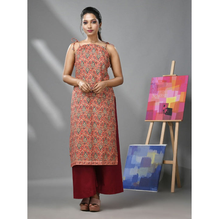 CHARUKRITI Red Cotton Paisley Printed Kurta With Noodle Straps