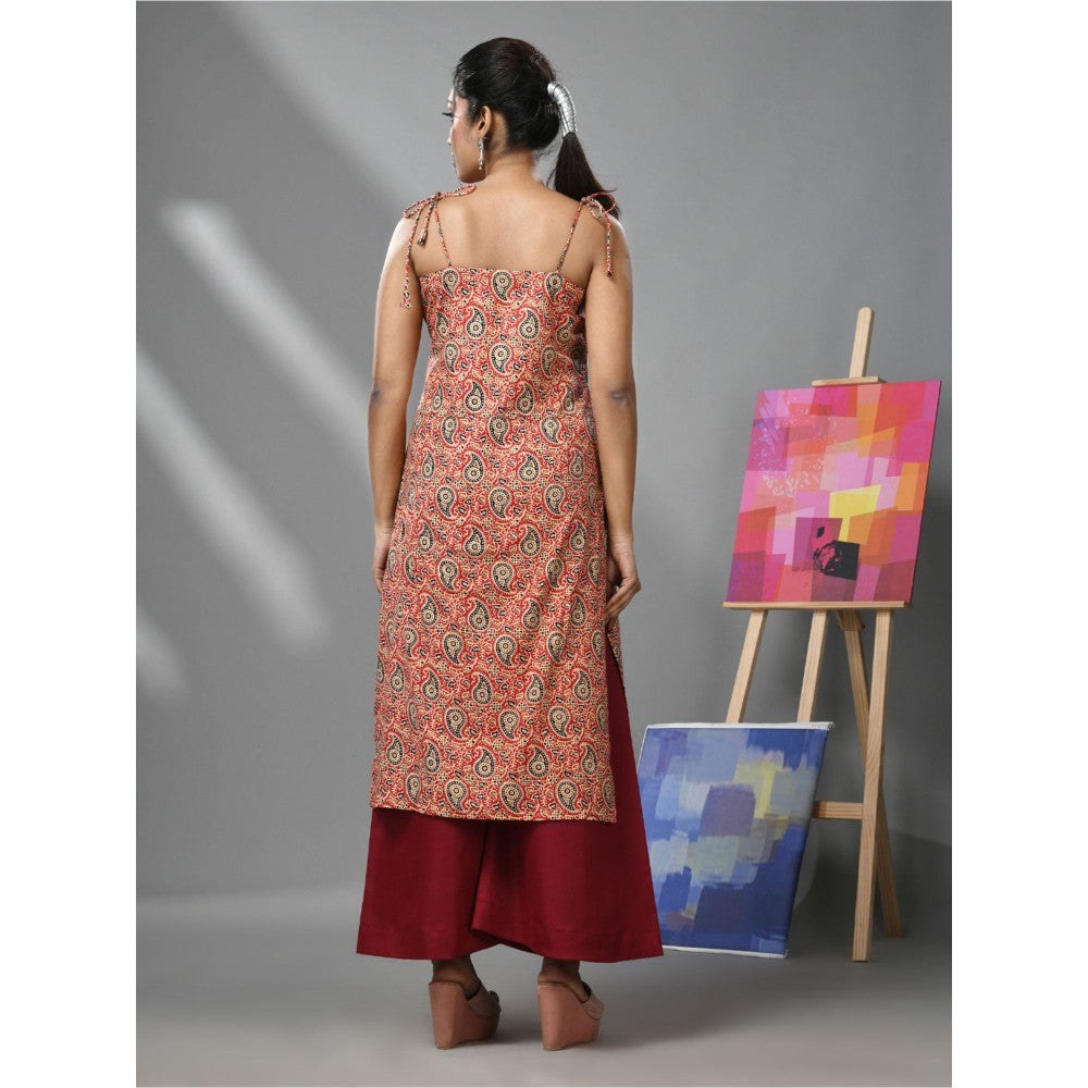 CHARUKRITI Red Cotton Paisley Printed Kurta With Noodle Straps