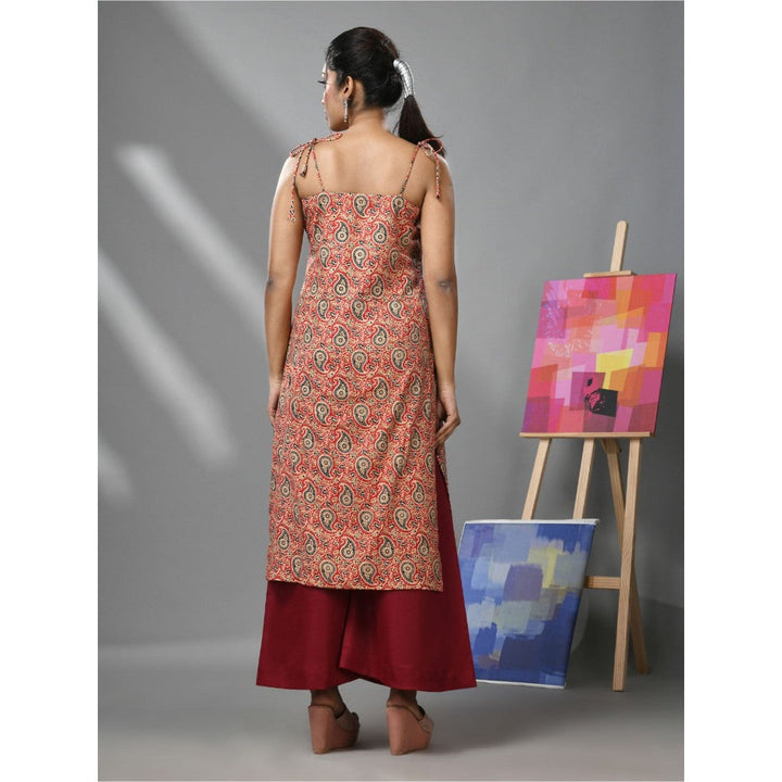 CHARUKRITI Red Cotton Paisley Printed Kurta With Noodle Straps