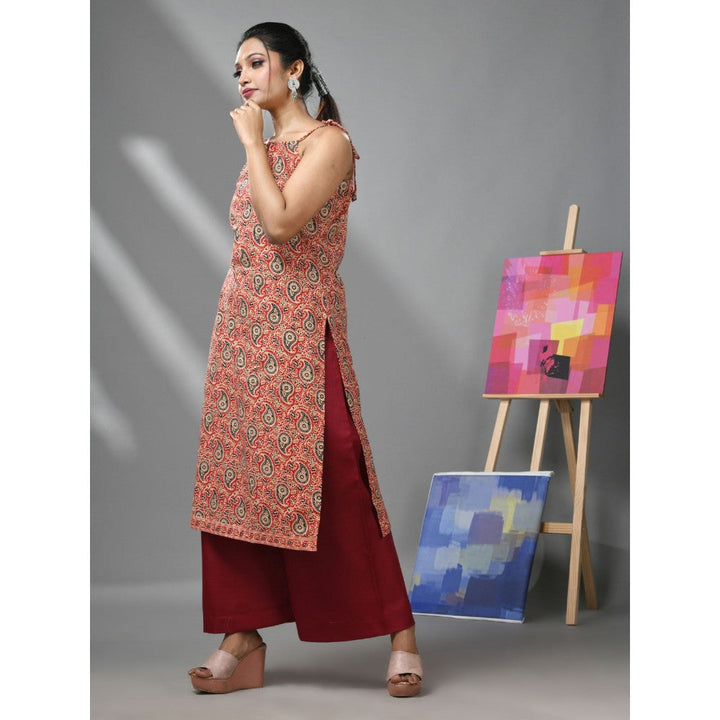 CHARUKRITI Red Cotton Paisley Printed Kurta With Noodle Straps