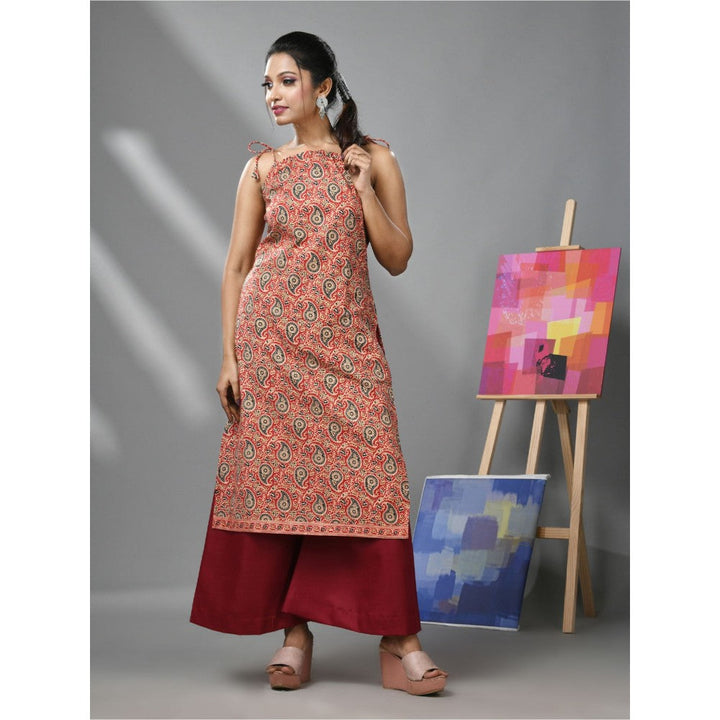 CHARUKRITI Red Cotton Paisley Printed Kurta With Noodle Straps