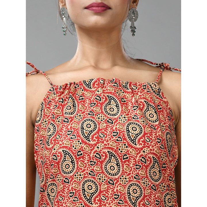 CHARUKRITI Red Cotton Paisley Printed Kurta With Noodle Straps