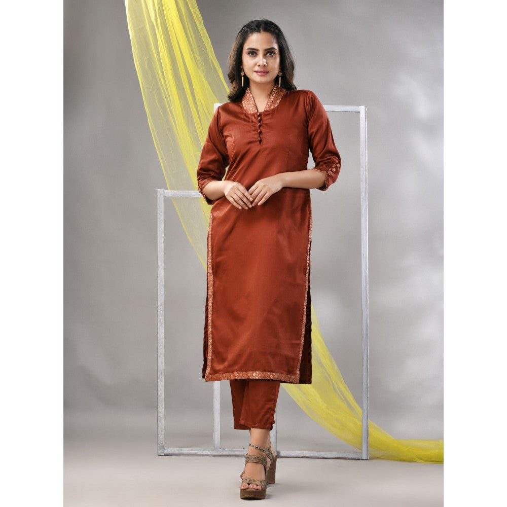 CHARUKRITI Brown Satin Solid Straight Kurta