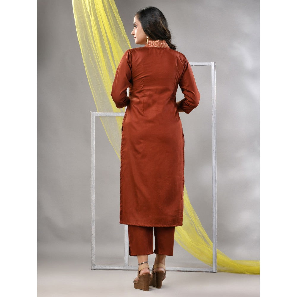 CHARUKRITI Brown Satin Solid Straight Kurta