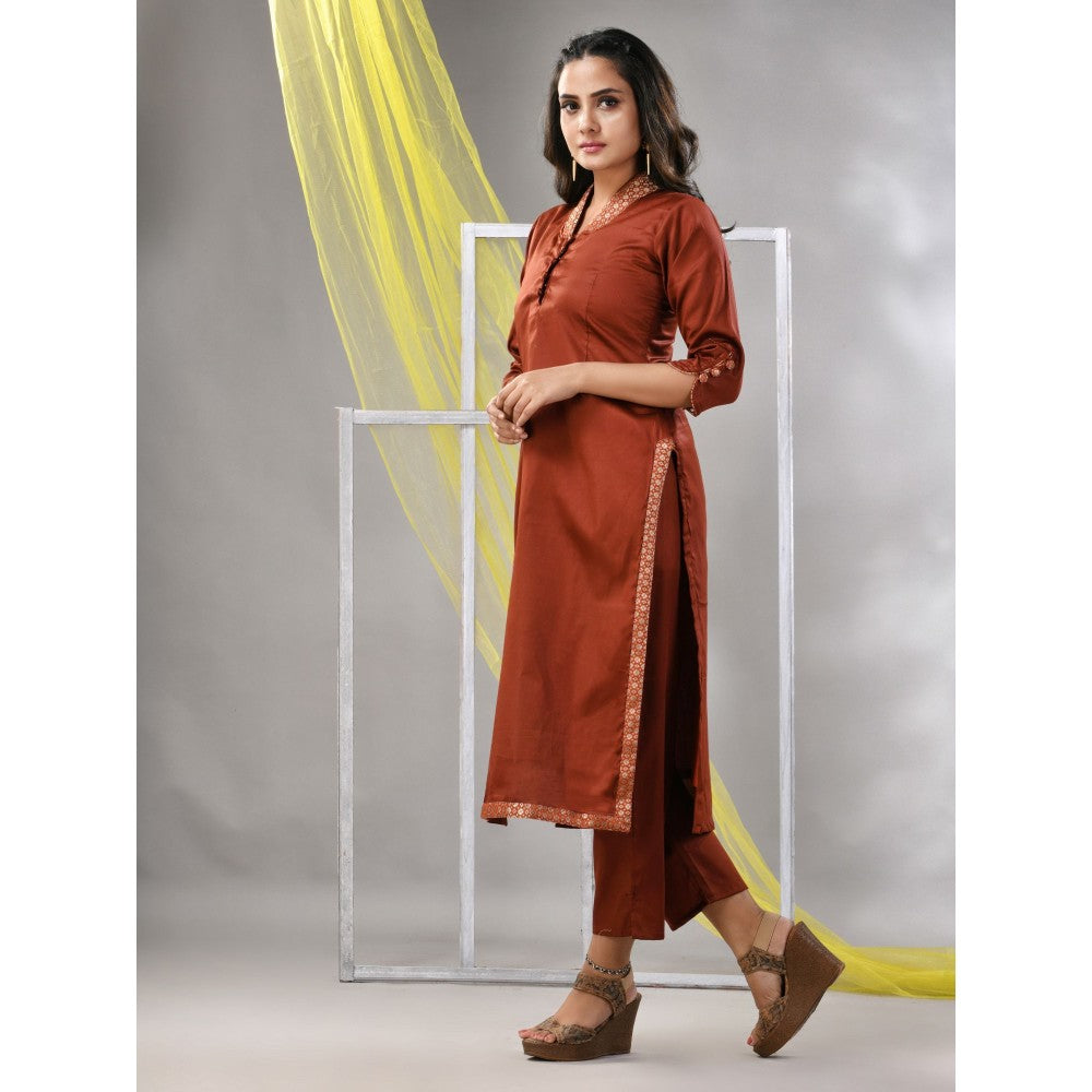 CHARUKRITI Brown Satin Solid Straight Kurta