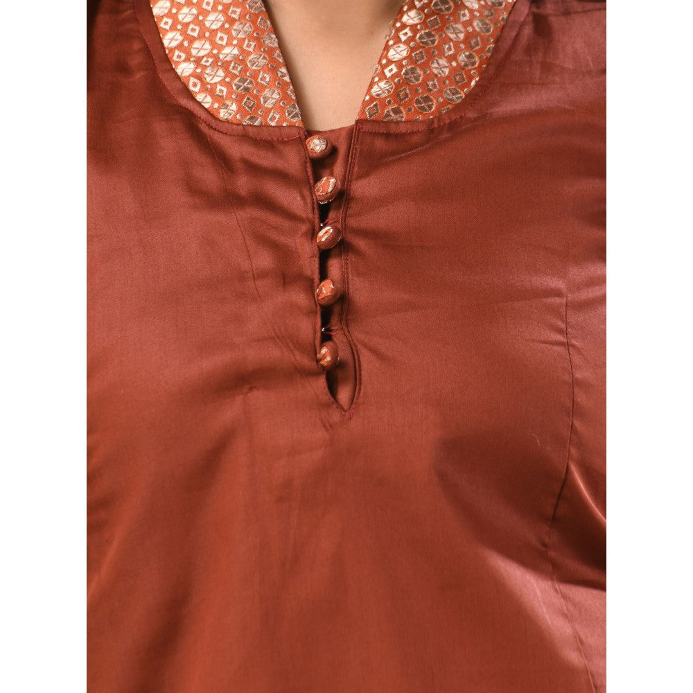 CHARUKRITI Brown Satin Solid Straight Kurta