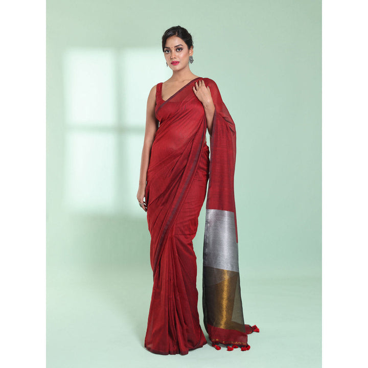 CHARUKRITI Red Cotton Saree with Zari Pallu with Unstitched Blouse