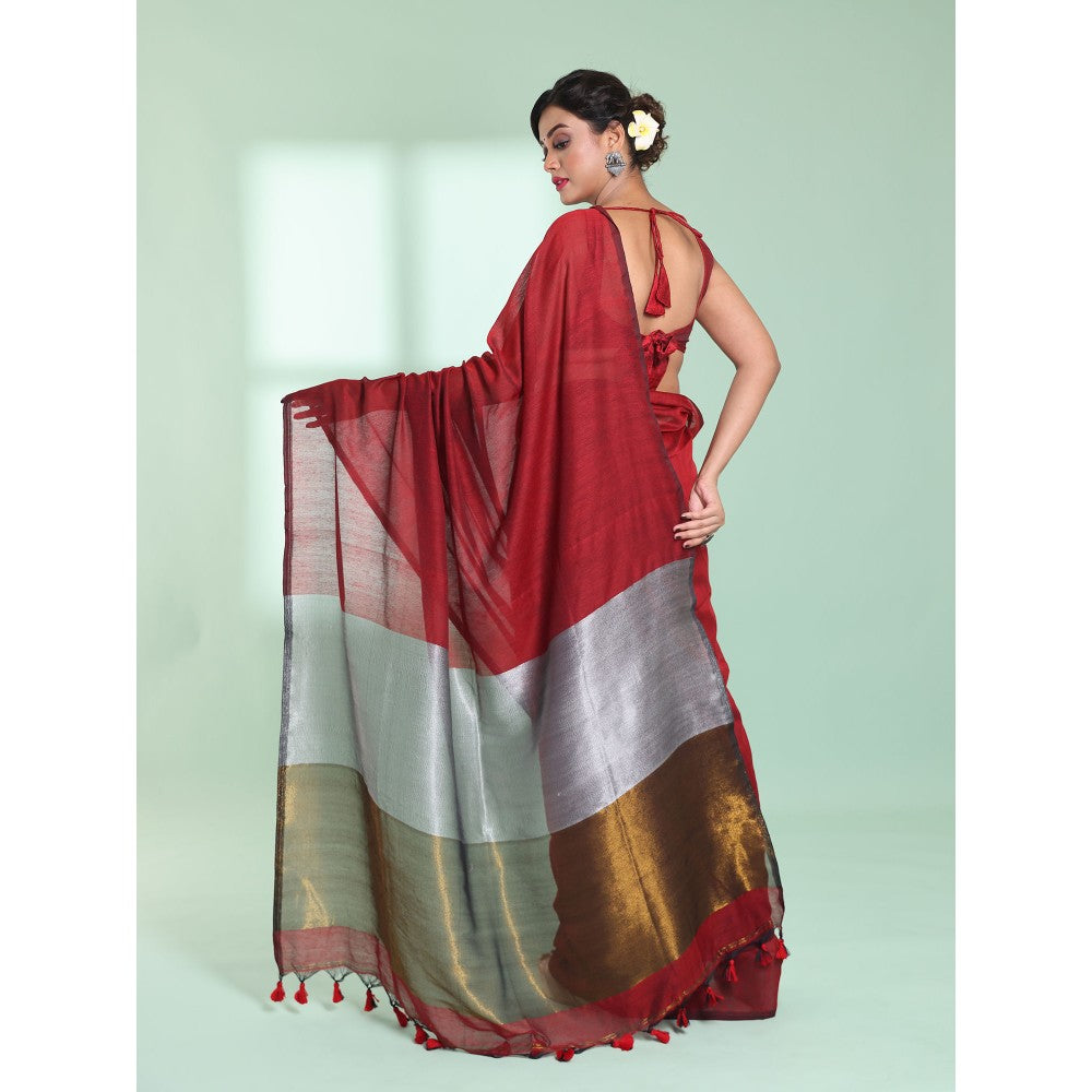 CHARUKRITI Red Cotton Saree with Zari Pallu with Unstitched Blouse