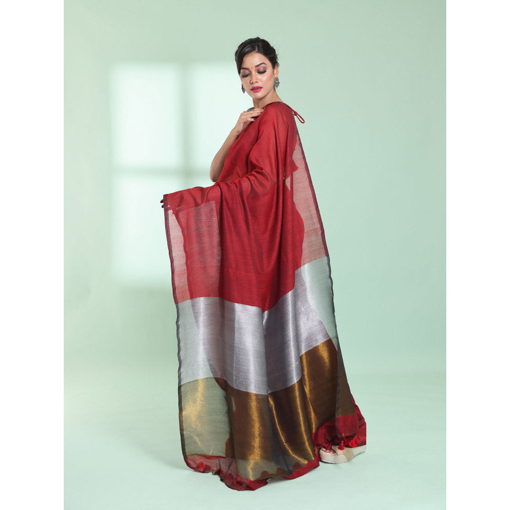 CHARUKRITI Red Cotton Saree with Zari Pallu with Unstitched Blouse