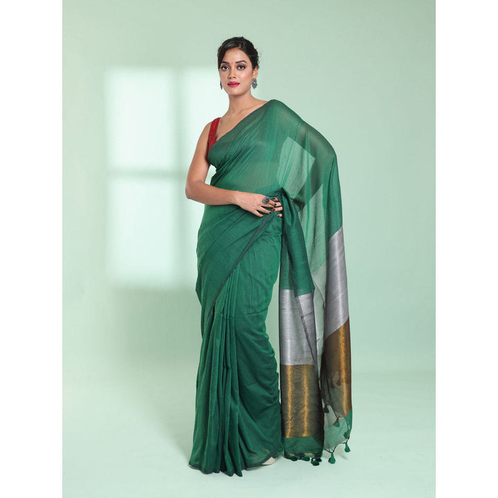 CHARUKRITI Green Cotton Saree with Zari Pallu with Unstitched Blouse