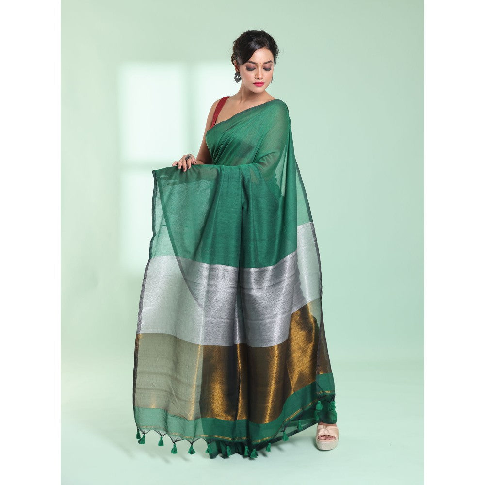 CHARUKRITI Green Cotton Saree with Zari Pallu with Unstitched Blouse