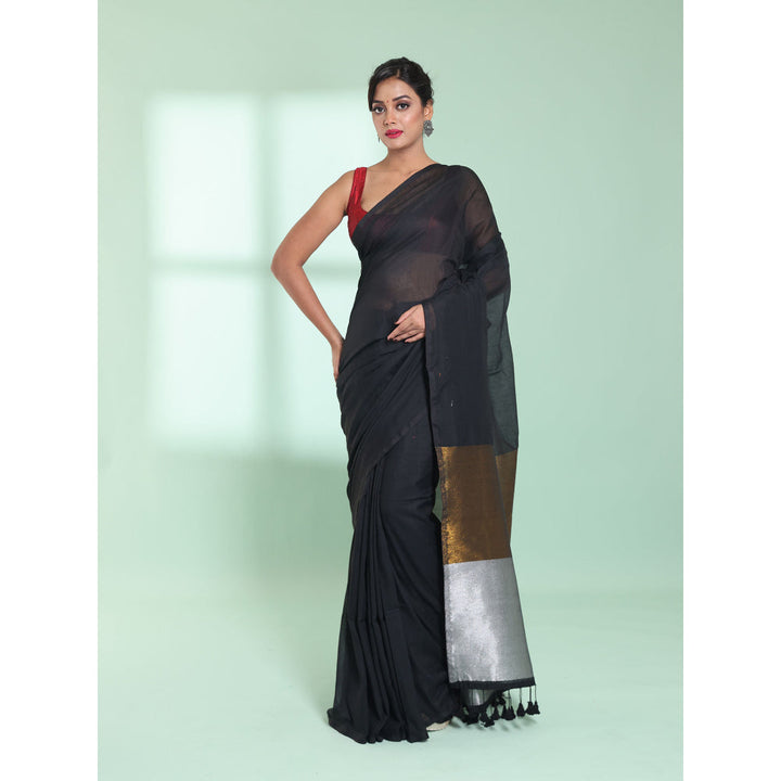 CHARUKRITI Black Cotton Saree with Zari Pallu with Unstitched Blouse