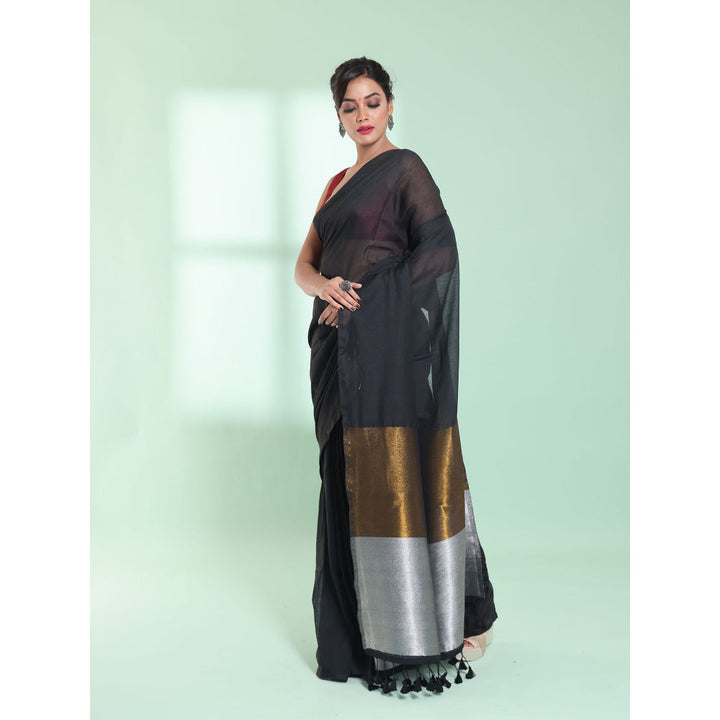 CHARUKRITI Black Cotton Saree with Zari Pallu with Unstitched Blouse