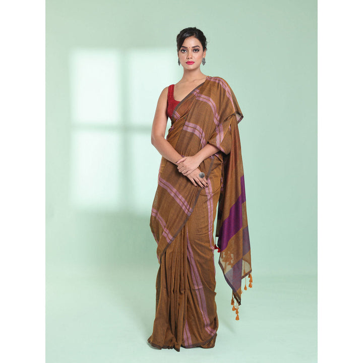 CHARUKRITI Dark Mustard Cotton Saree with Stripes Design with Unstitched Blouse