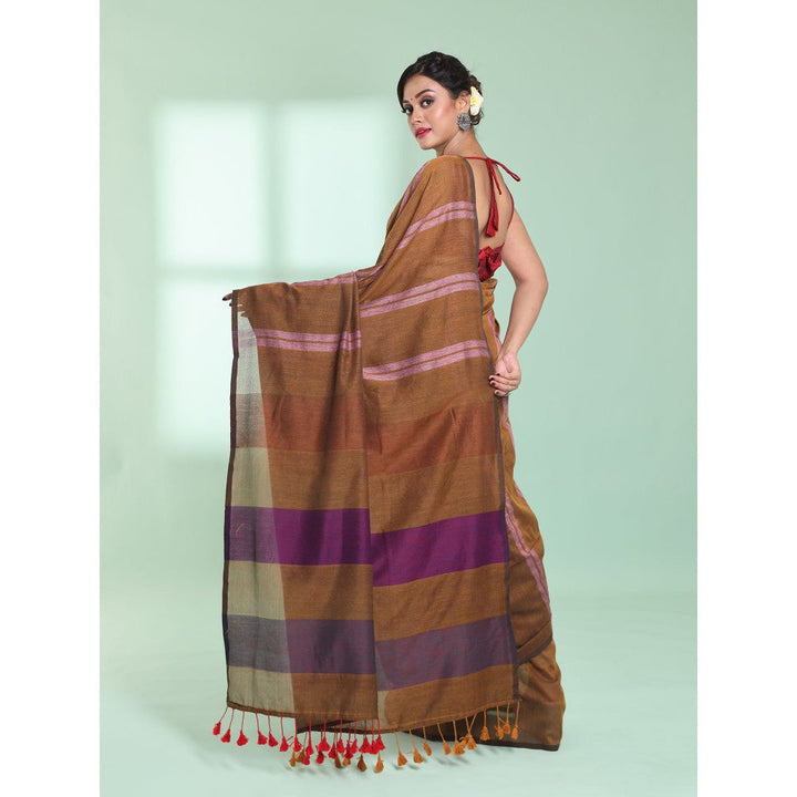 CHARUKRITI Dark Mustard Cotton Saree with Stripes Design with Unstitched Blouse