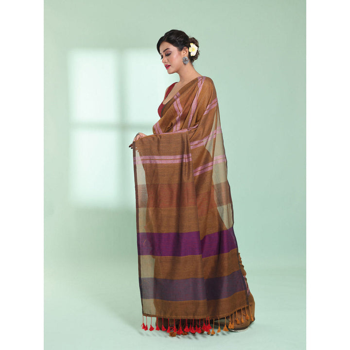 CHARUKRITI Dark Mustard Cotton Saree with Stripes Design with Unstitched Blouse