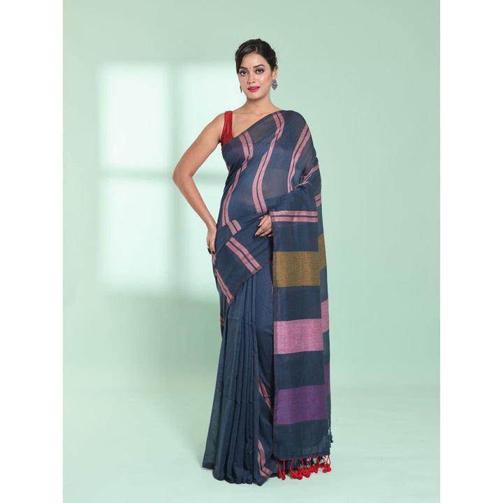 CHARUKRITI Dark Grey Cotton Saree with Stripes Design with Unstitched Blouse