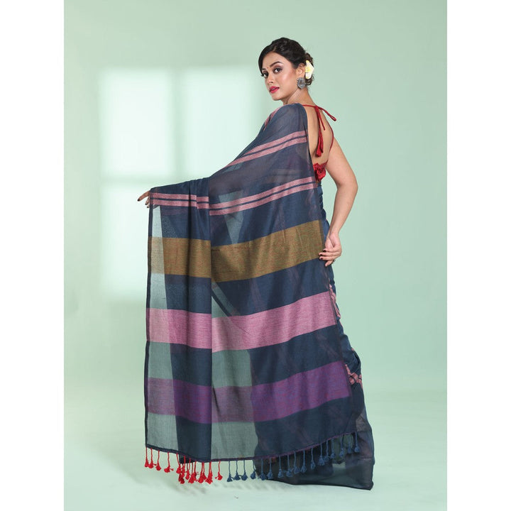 CHARUKRITI Dark Grey Cotton Saree with Stripes Design with Unstitched Blouse