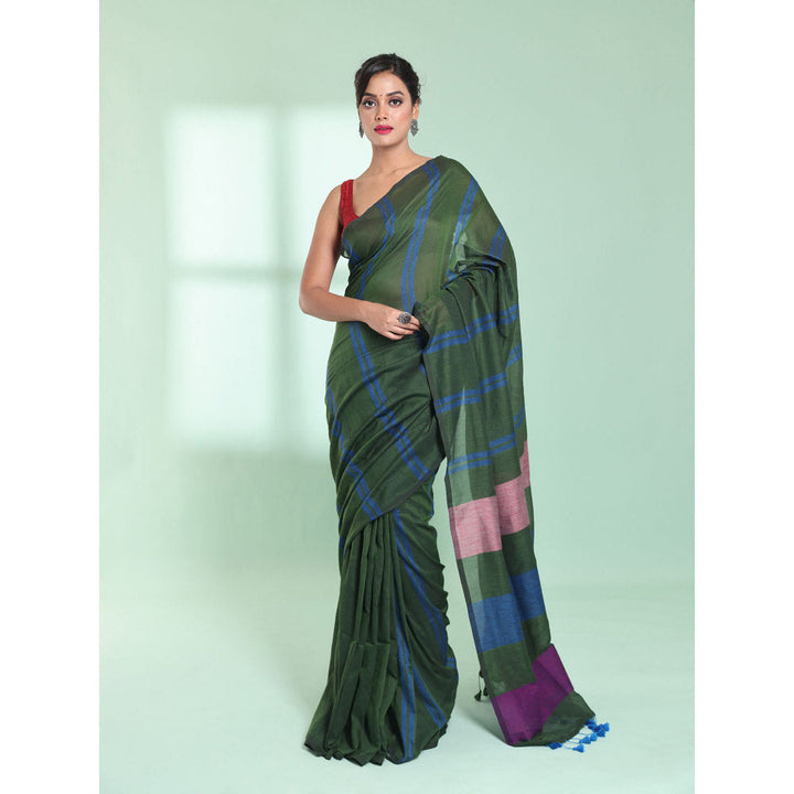 CHARUKRITI Hunter Green Cotton Saree with Stripes Design with Unstitched Blouse