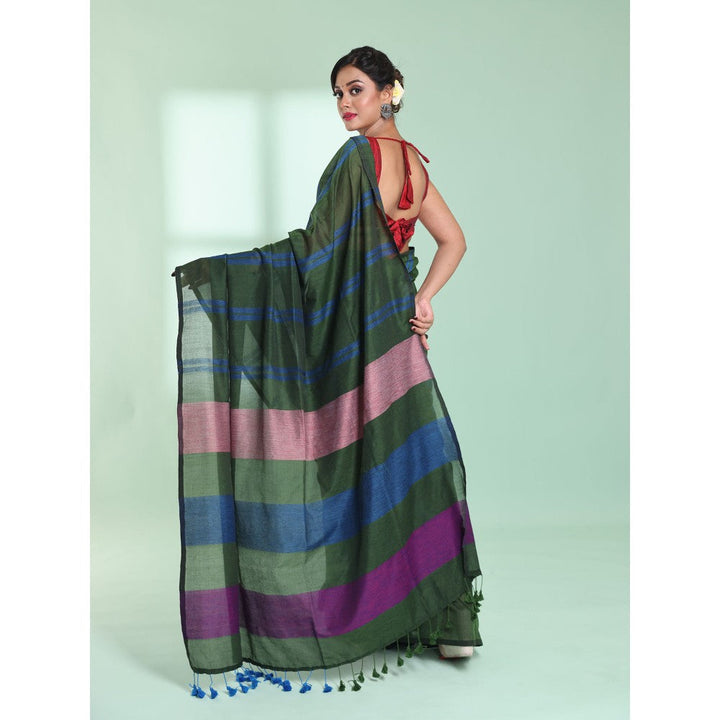 CHARUKRITI Hunter Green Cotton Saree with Stripes Design with Unstitched Blouse