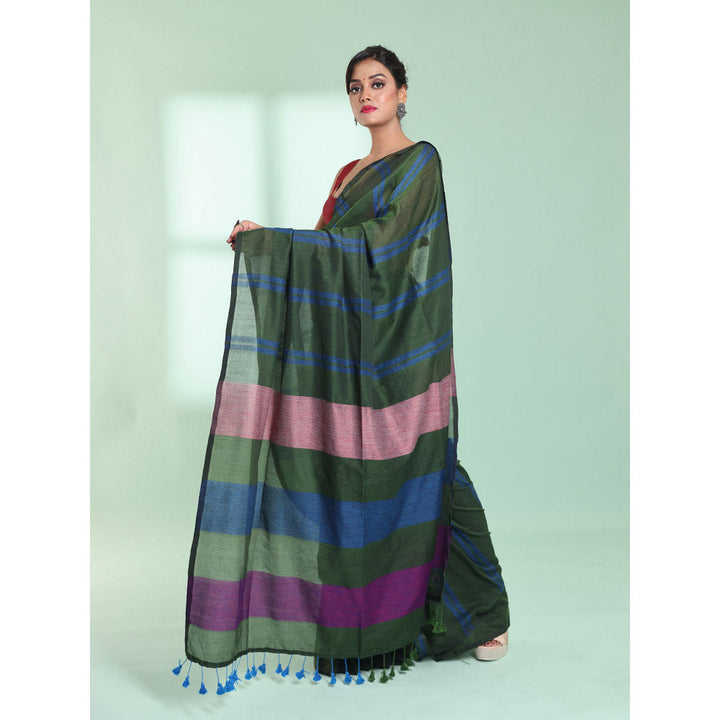 CHARUKRITI Hunter Green Cotton Saree with Stripes Design with Unstitched Blouse