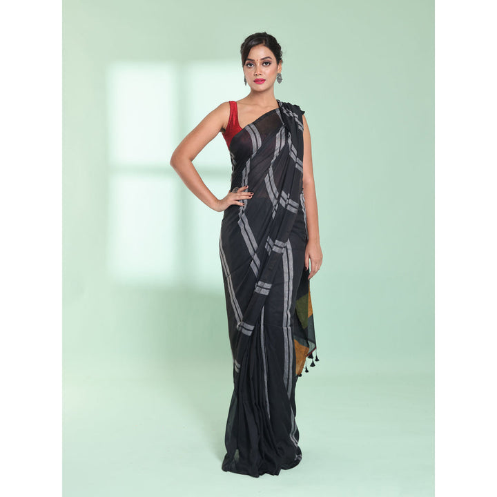 CHARUKRITI Black Cotton Saree with Stripes Design with Unstitched Blouse