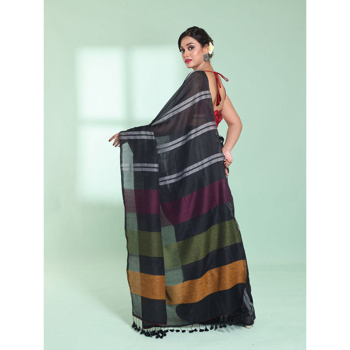 CHARUKRITI Black Cotton Saree with Stripes Design with Unstitched Blouse