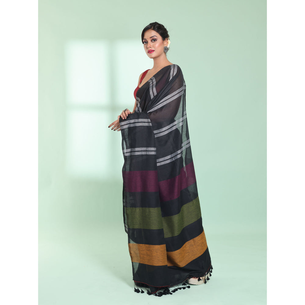 CHARUKRITI Black Cotton Saree with Stripes Design with Unstitched Blouse