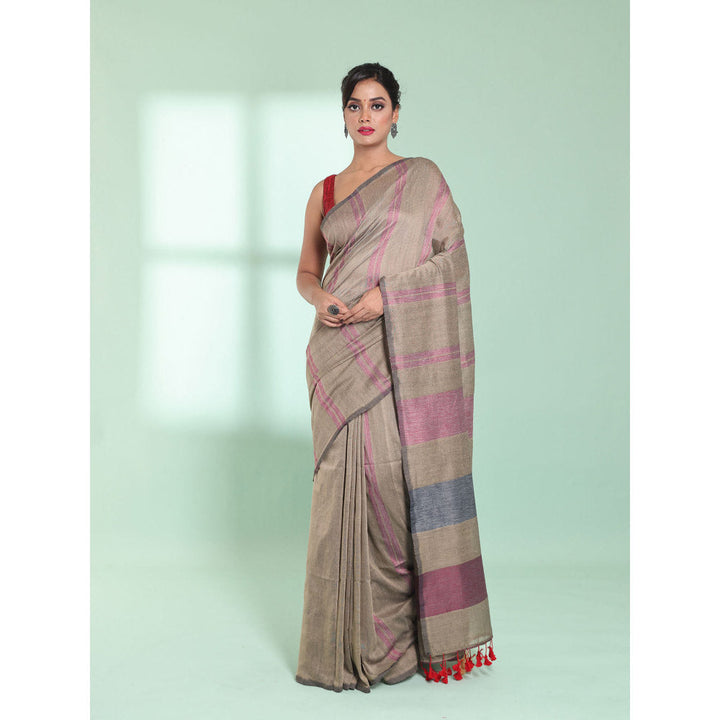 CHARUKRITI Ecru Cotton Saree with Stripes Design with Unstitched Blouse